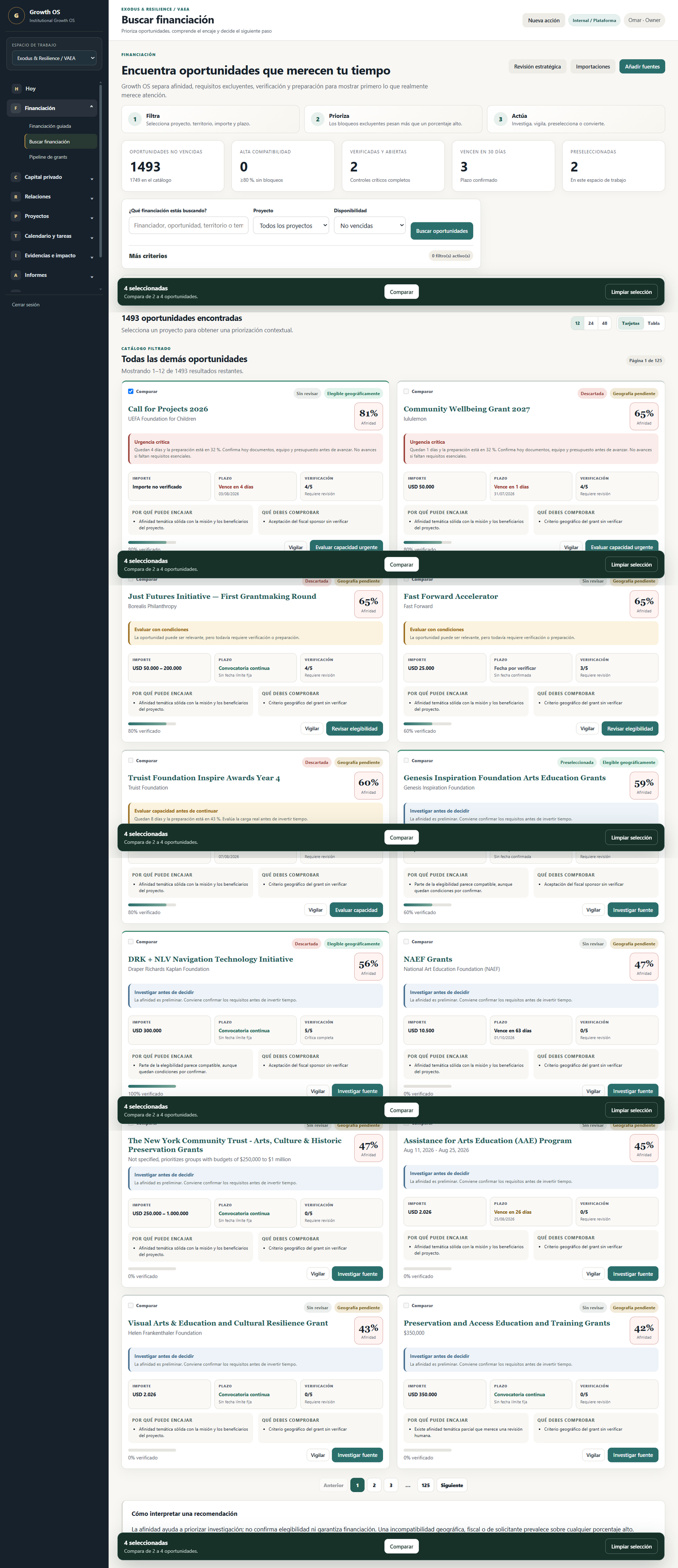 Buscador de financiación de Growth OS con filtros y oportunidades priorizadas